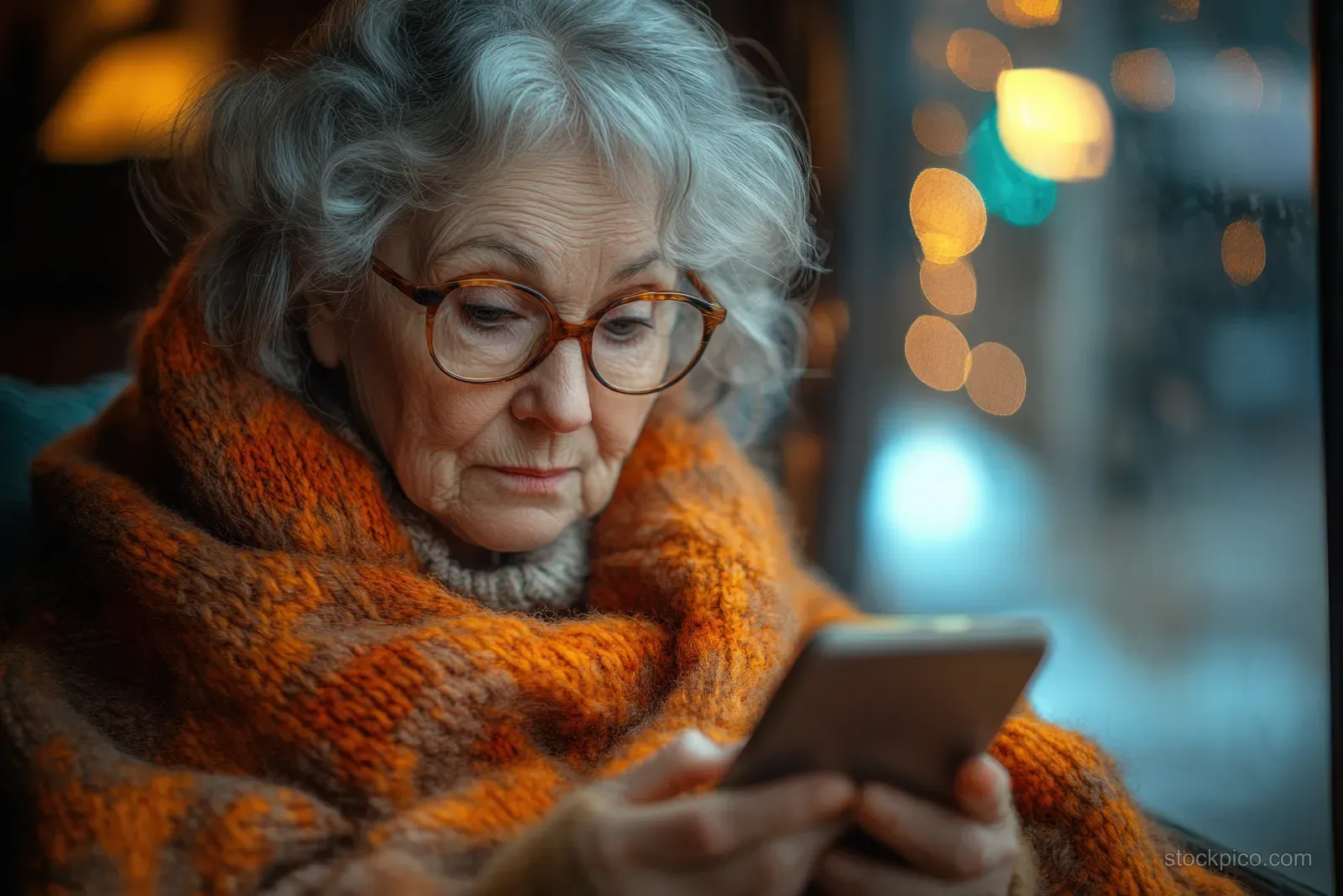 An elderly woman with glasses reads text on her smartphone while sitting on a couch in a warm, softly blurred living room.