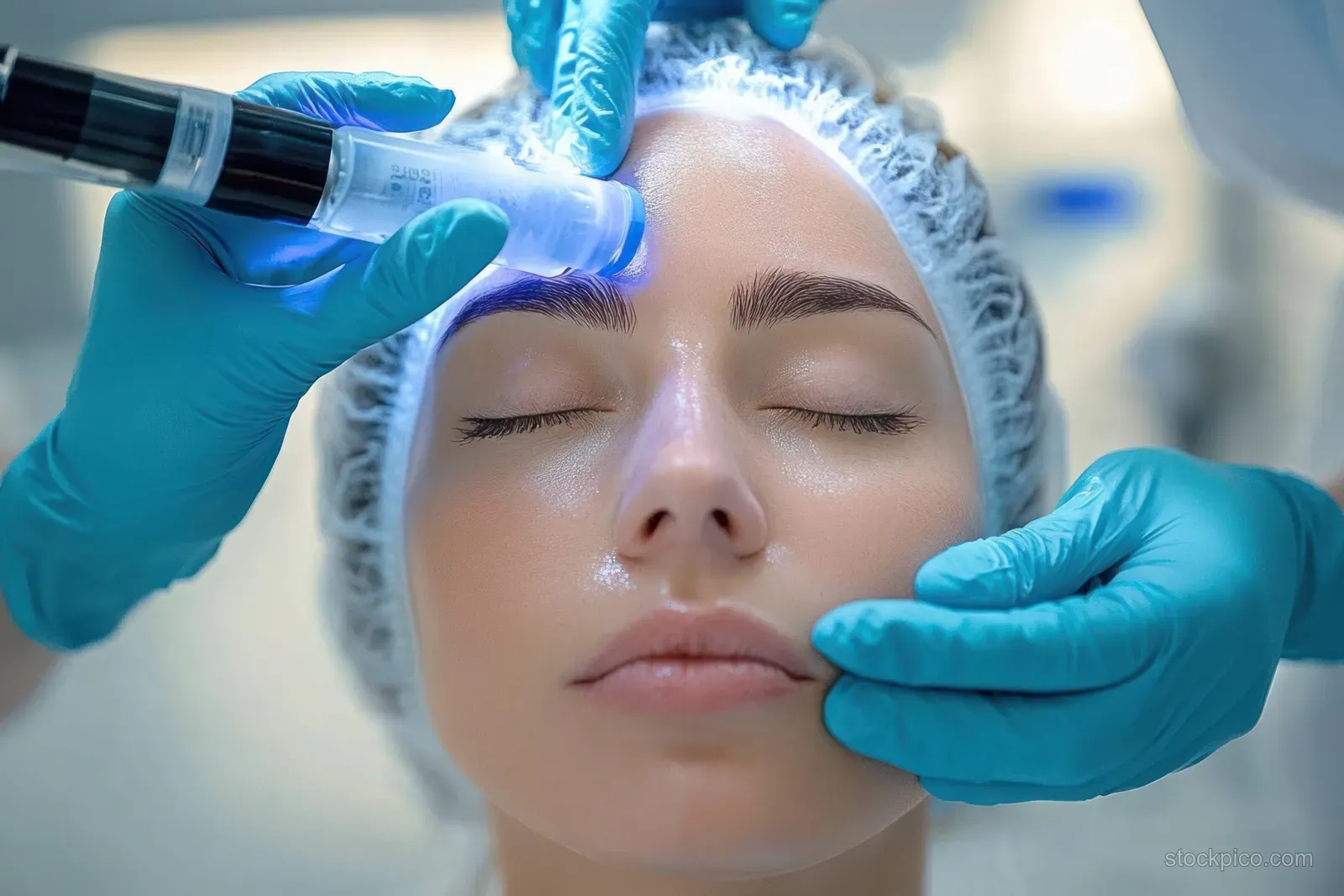 Gloved clinician holds a syringe tray beside a patient head in a softly lit clinic room.