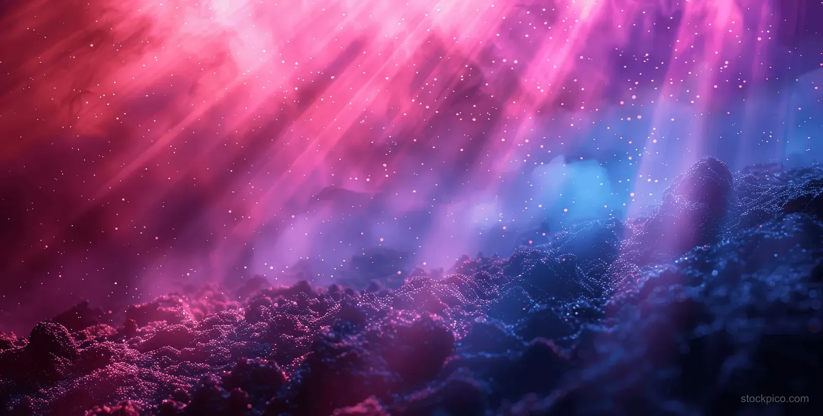 Diagonal blurred light rays stretch across a blue and purple nebula gradient background with subtle grain texture.