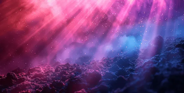 Blue and purple nebula gradient background with blurred light rays and grain texture