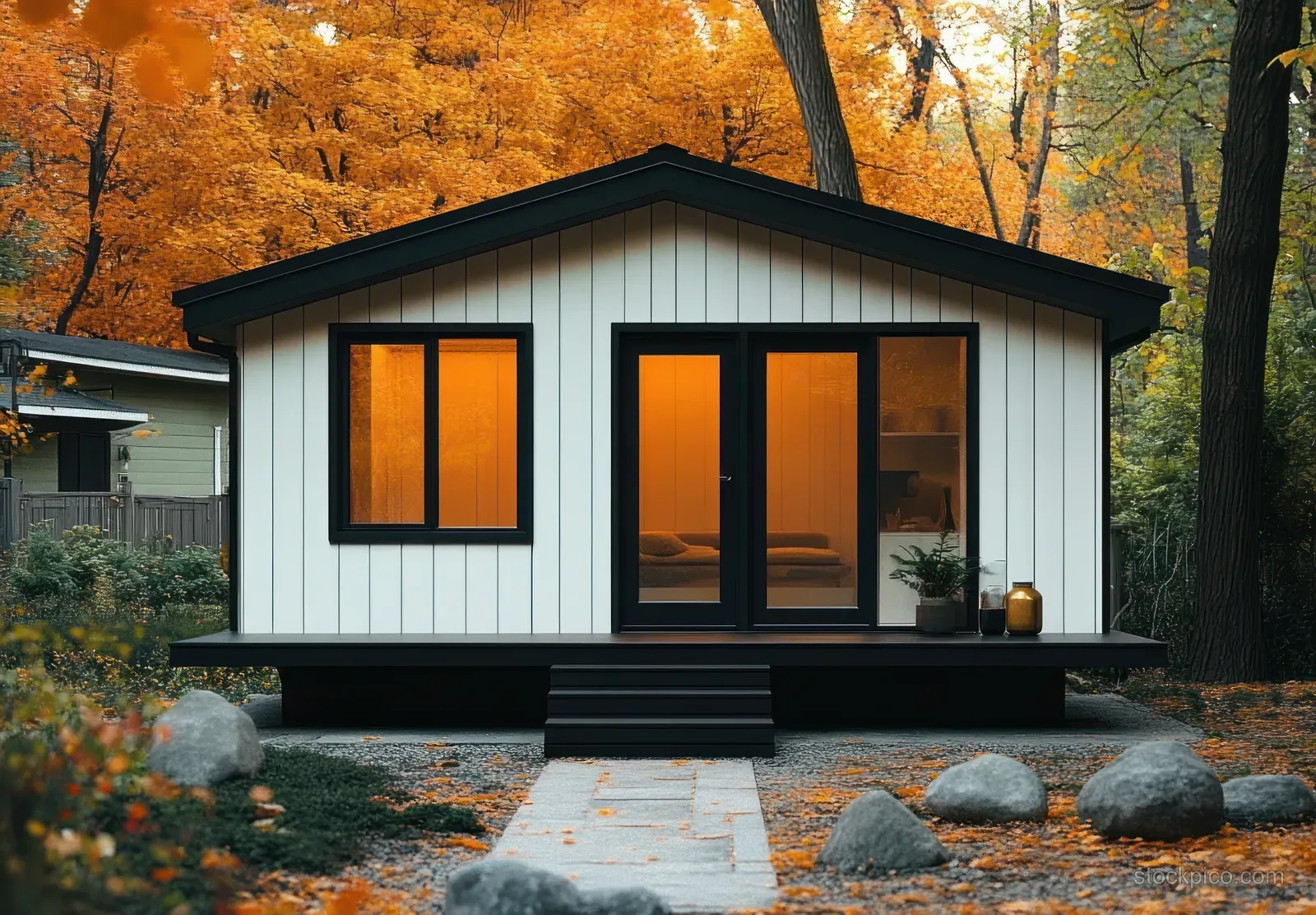 Modern white cabin with black trim glows with warm light in an autumn forest of orange and yellow trees.