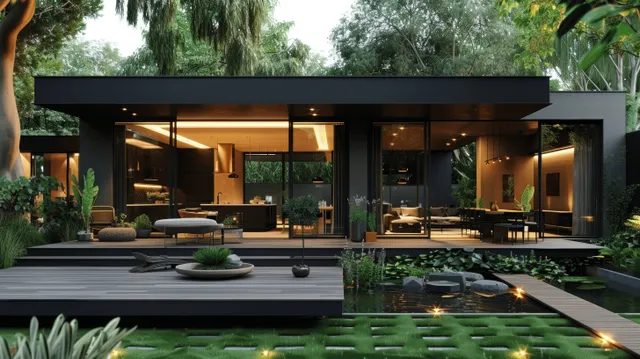 Warm patio lights illuminate a modern deck and open-plan living area beside a landscaped courtyard garden.