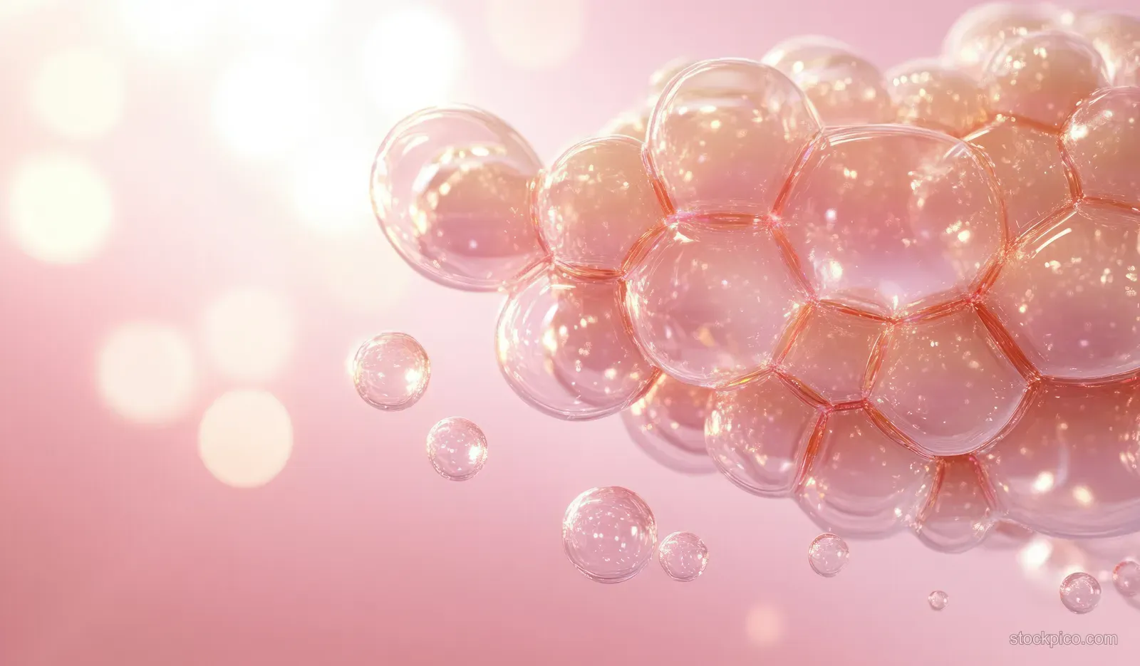 Translucent gel spheres and small droplets float across a soft pink skincare illustration background.