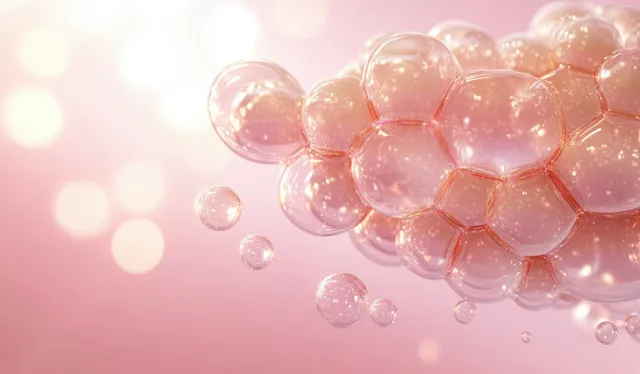 Translucent gel spheres and small droplets float across a soft pink skincare illustration background.