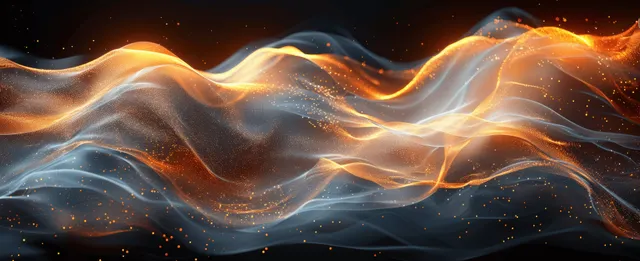 Glowing brown and golden wave ribbons over a dark abstract horizon with light spark particles