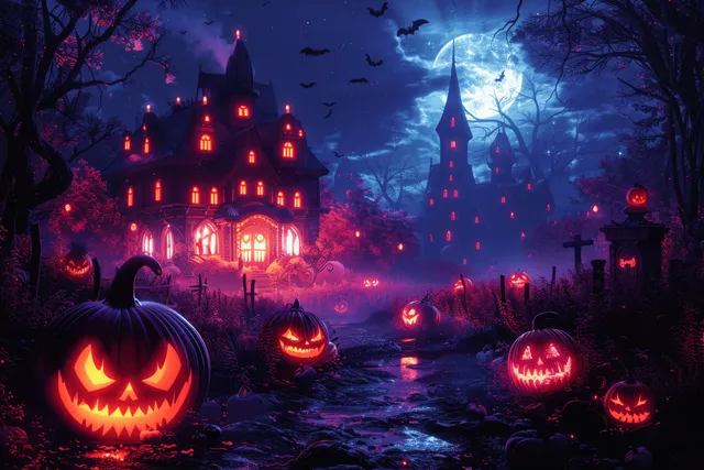 A haunted mansion glows with jack-o’-lantern lights as bats fly across a moonlit Halloween night sky.