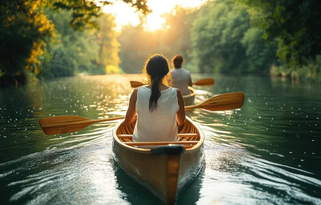 A couple paddles a canoe across a sunlit forest lake surrounded by lush greenery and gentle ripples.