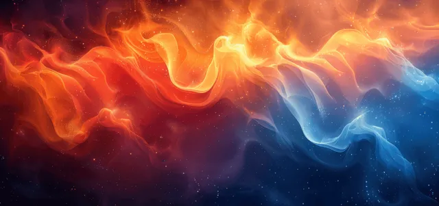Ondas brilhantes em laranja intenso e azul elétrico giram sobre um fundo em gradiente escuro com textura granulada.