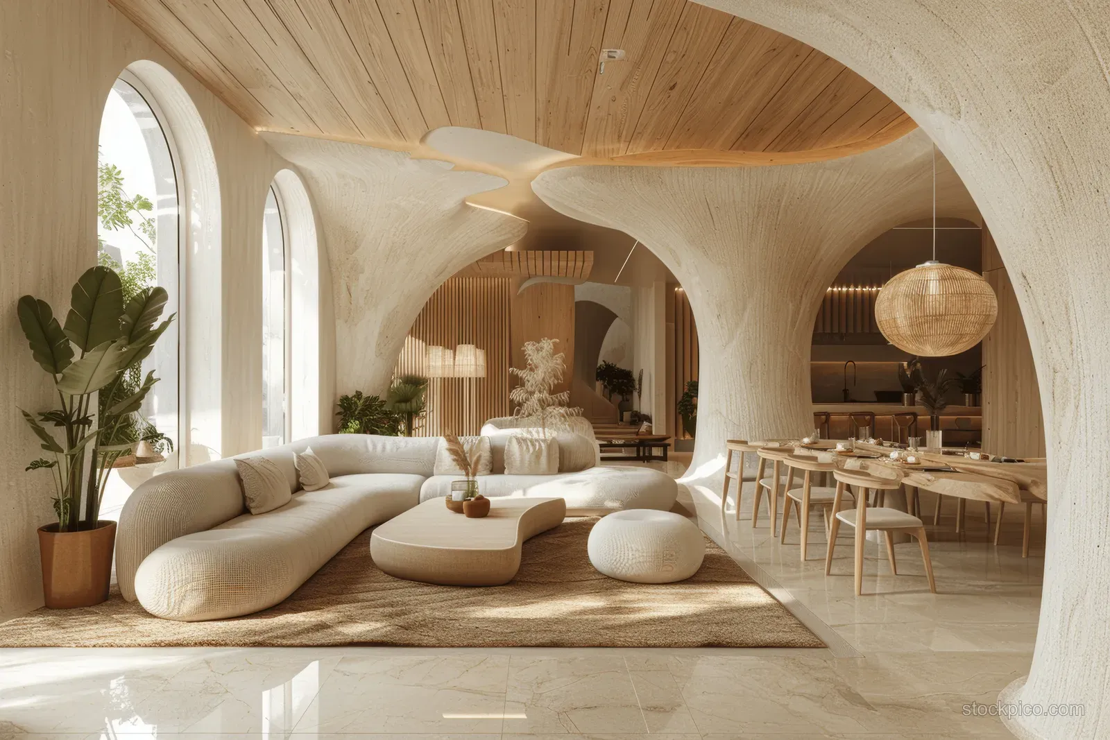 Minimalist dining area with arched wood walls, pendant lights, and a wooden table and chairs under a vaulted ceiling.