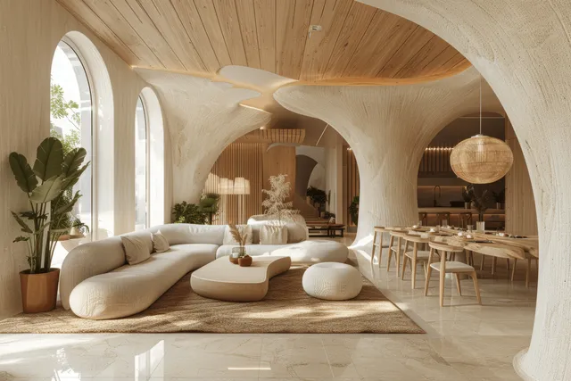 Minimalist dining area with arched wood walls, pendant lights, and a wooden table and chairs under a vaulted ceiling.