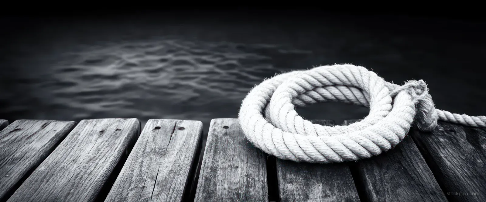 Coiled white rope is tied to a wooden dock cleat as dark water stretches behind it.