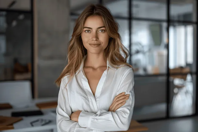Confident mature businesswoman smiling at camera in modern office with glass walls and copy space
