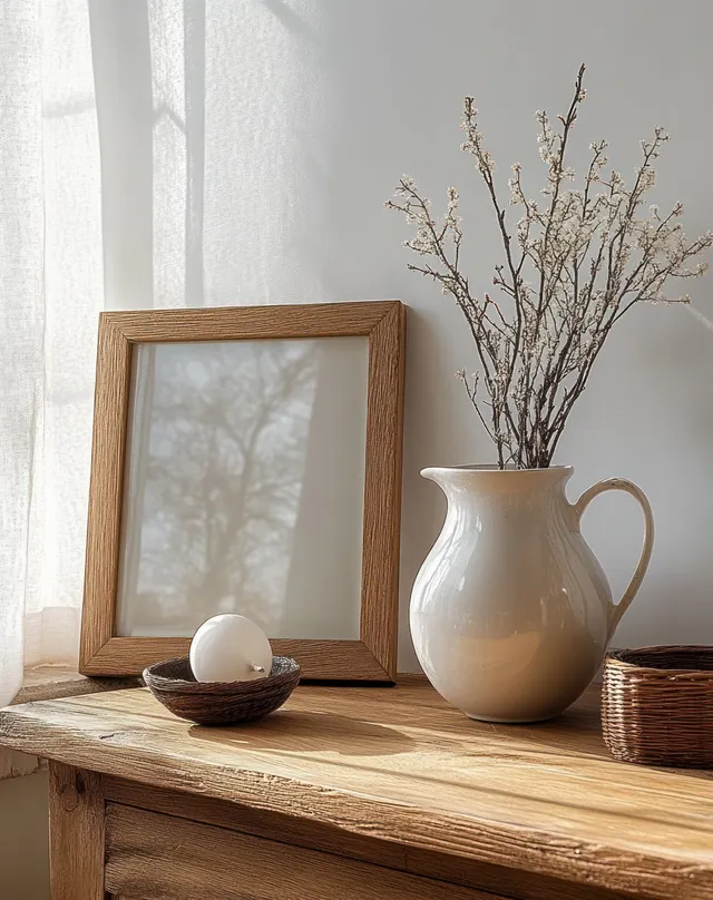 A white pitcher and framed picture sit on a wooden table beside eggs and a small vase of bare branches in soft light.