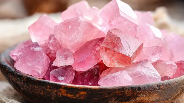 Pink quartz crystal shards piled in a dark rustic bowl with soft natural light and sparkling facets.