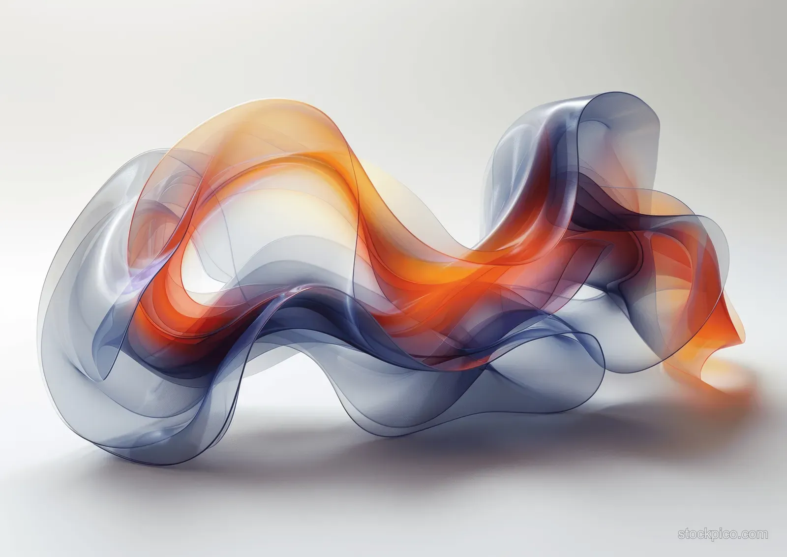 Curled blue and orange translucent glass ribbons with iridescent refraction on a white background.