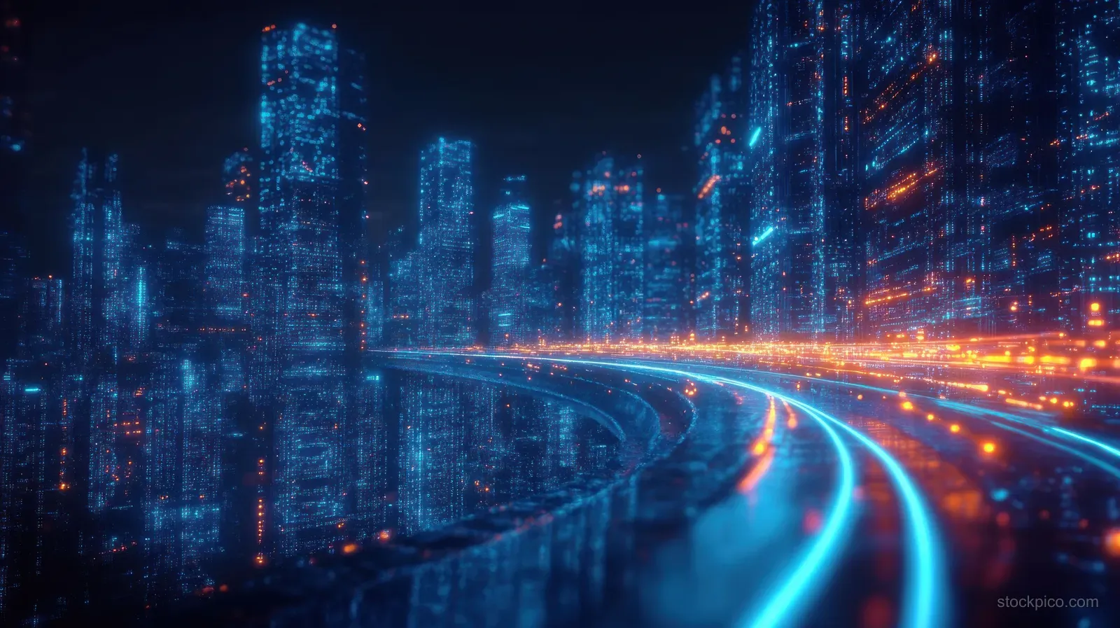Neon highway curves through a futuristic city of digital towers under a dark cyberpunk sky.
