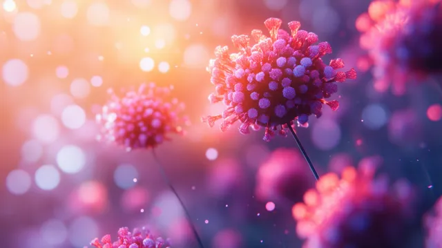 Pink virus particles float over softly glowing blood vessels with colorful bokeh in the background.