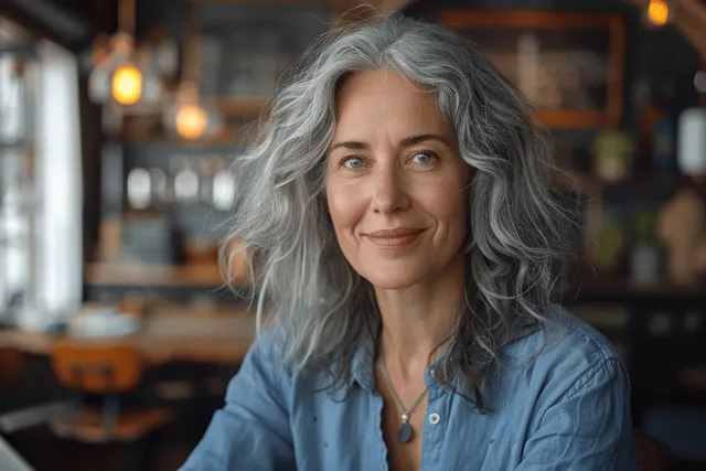 Smiling senior woman working on laptop in a modern office, confident executive presence