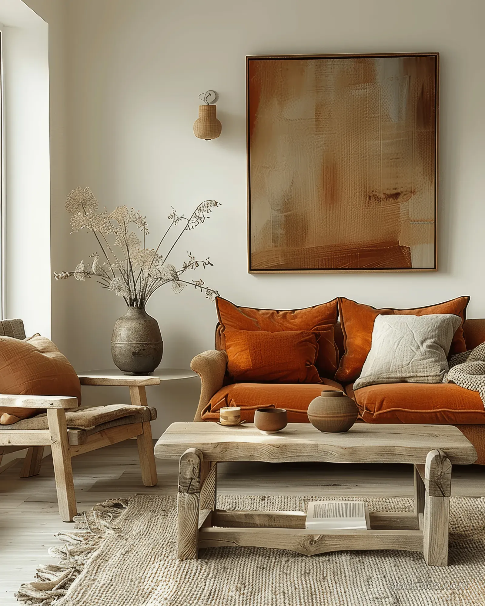 Orange sofa and wooden armchair sit beside a light coffee table under framed artwork in a Scandinavian living room.