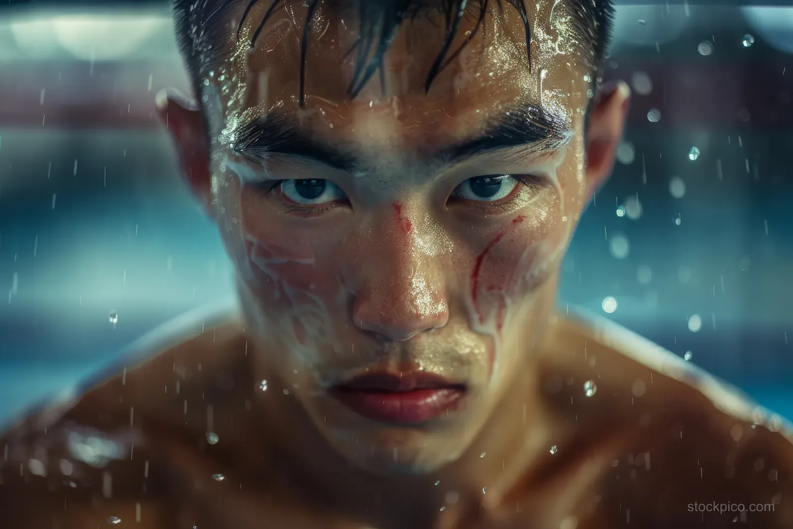 A shirtless boxer with wet hair and intense gaze stands in a ring with water droplets.
