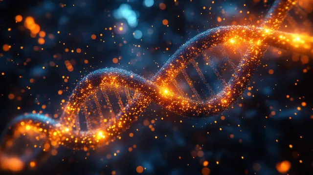 Blue and orange DNA double helix glows with sparkling particle trails in a dark abstract space.