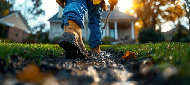 Brown boots step along a muddy path beside grass with a house softly lit in sunset.