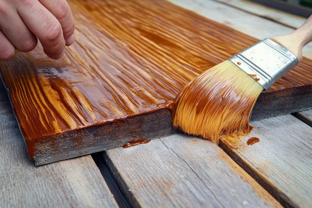 A hand brushes varnish onto stacked wooden boards, revealing glossy texture and visible wood grain.