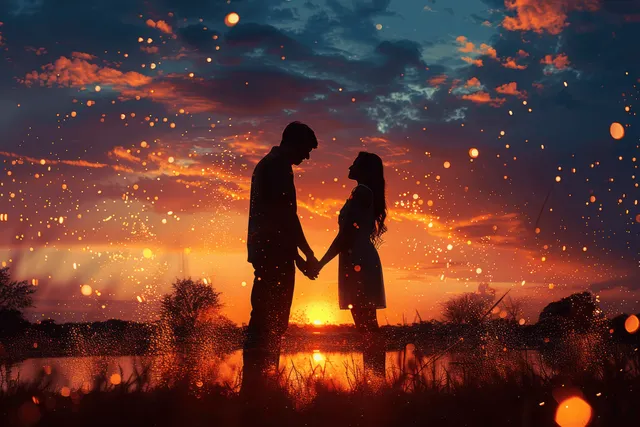 Romantic couple silhouettes holding hands at sunset with sparkling bokeh light particles