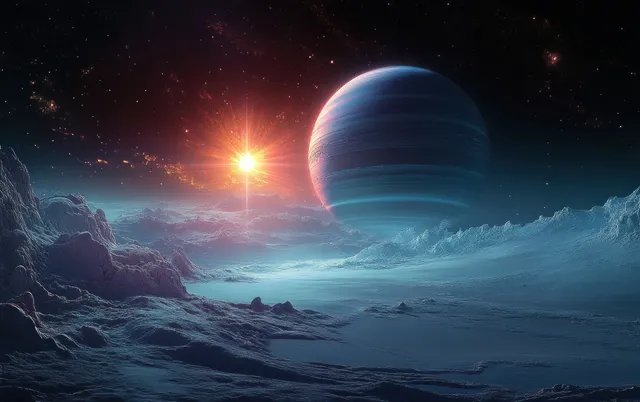 Surreal ocean waves beneath a glowing ringed planet with bright stars and nebula clouds in deep space.