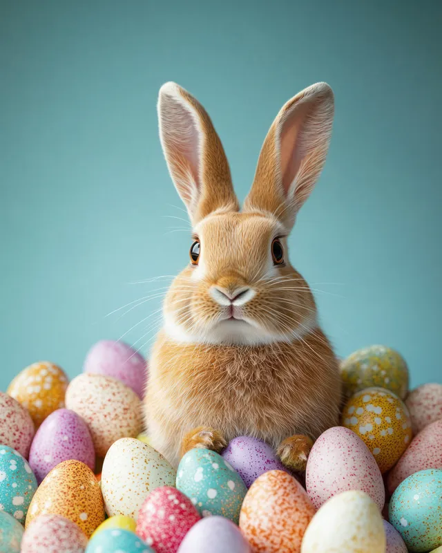Curious brown rabbit peeking over speckled Easter eggs against soft blue background
