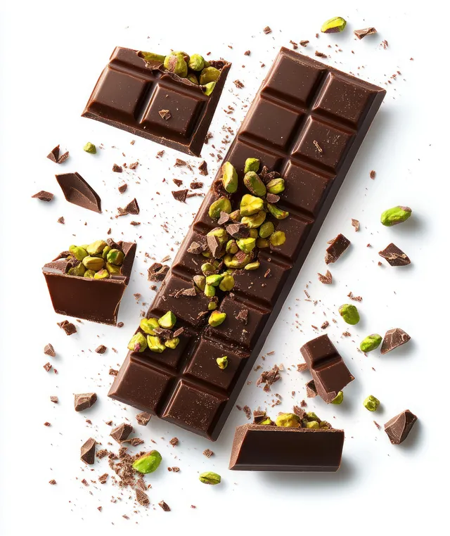 Dark chocolate pieces topped with pistachios scattered on a white background.