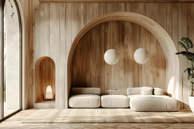 Minimalist living room with arched wooden wall, beige lounge sofa, and three white globe pendant lights.