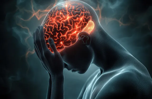 A person holds their head while a glowing brain glows inside a shadowy silhouette with electric neural branches.