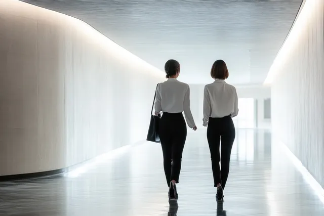 Two businesswomen walk side by side down a sleek white corridor with soft natural light.