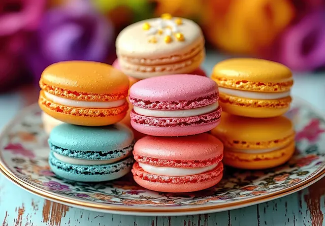 Colorful macarons stacked on a floral plate with blurred pastel flowers in warm light.