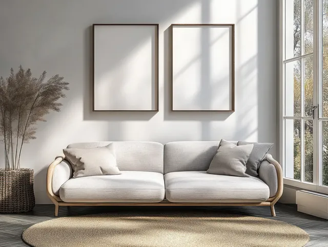 Minimalist gray sofa in bright living room with empty wall frames and sunlit window shadows with Wall Art Display