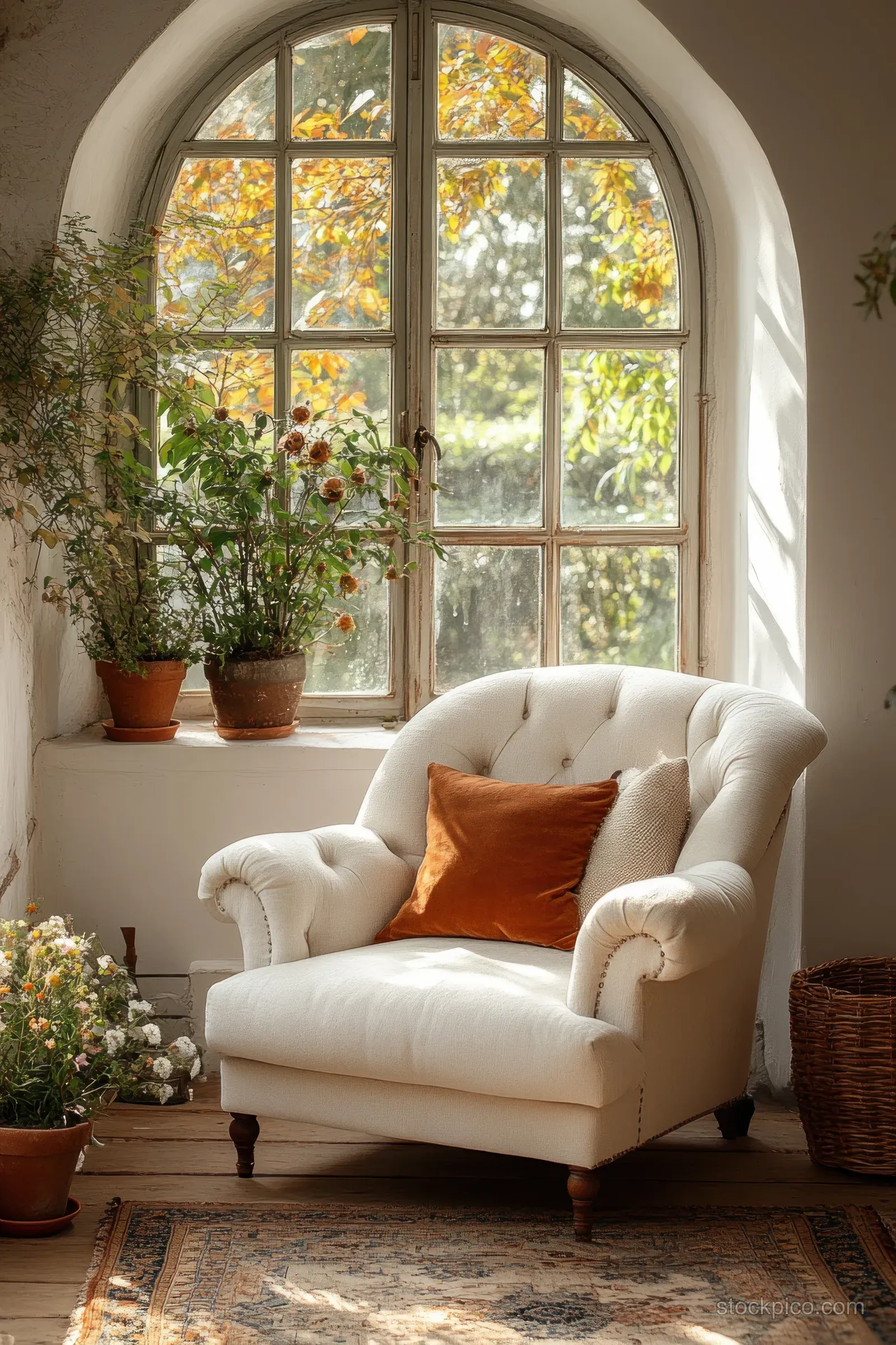 Vintage armchair with throw pillows in a cozy corner beside an arched window filled with warm light.