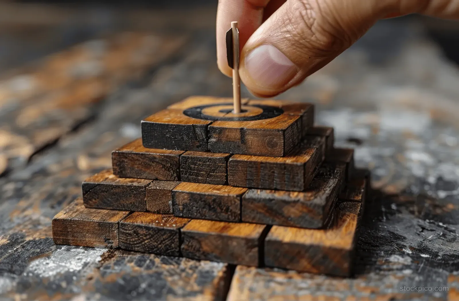 A hand places a wooden block with an arrow on a stack, creating a rising growth concept on a textured background.