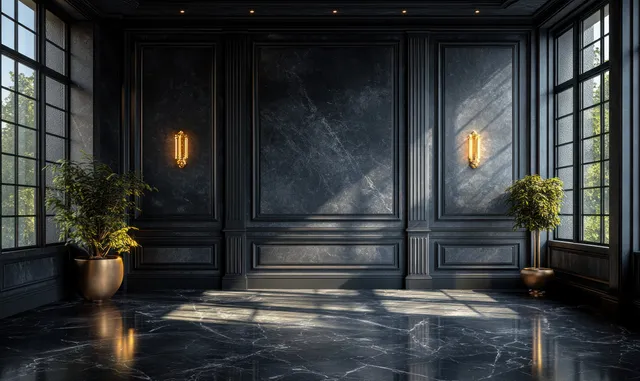 Minimalist lounge interior with dark gray paneled wall, reflective marble floor, and warm sconce lights.