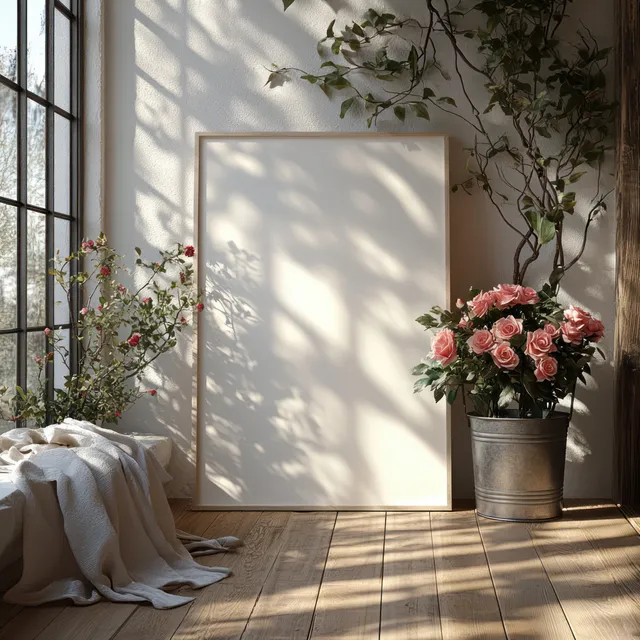 Minimalist interior with blank wall canvas, pink roses in metal bucket by window light