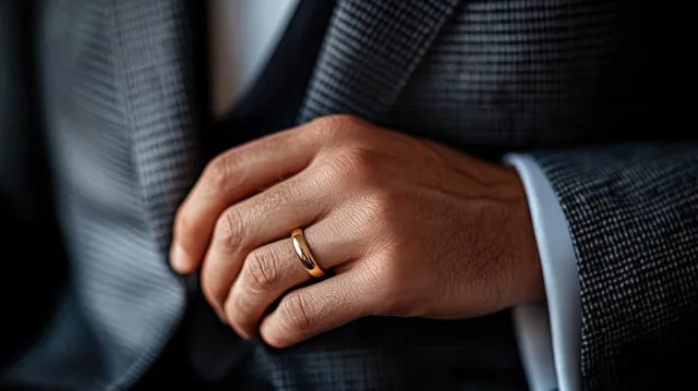 A man’s hand rests on a checkered suit sleeve, showing a golden wedding ring on the ring finger.