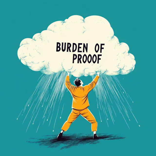 A person in a yellow suit stands with arms raised under a labeled rain cloud reading “Burden of Proof.”