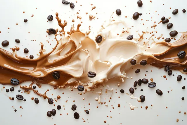 Coffee cream splash bursts across a minimal white background with scattered coffee beans.