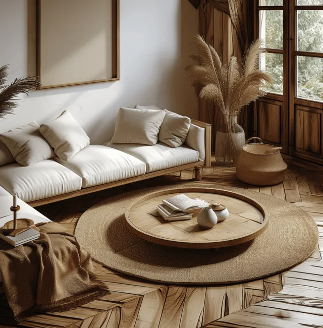 Boho living room interior with a blank wall frame, white sofa, wicker decor, and pampas grass beside a sunlit window.