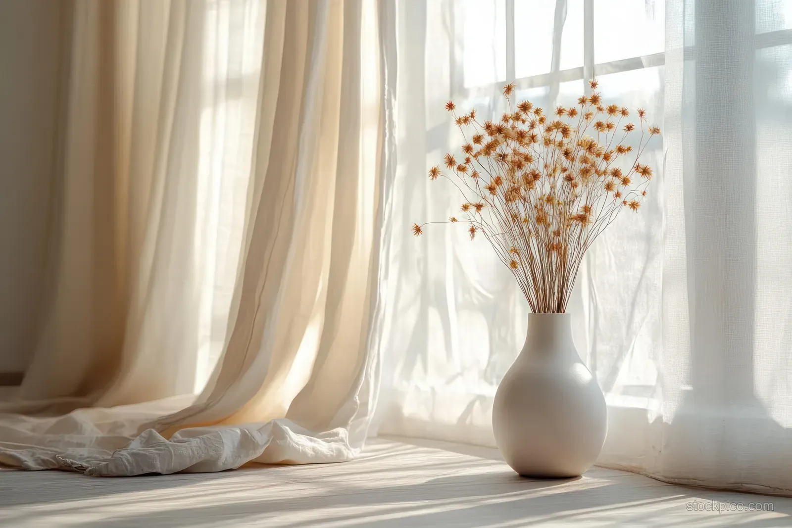 White vase with dried flowers sits on a wooden table beside sheer curtains in soft natural daylight.
