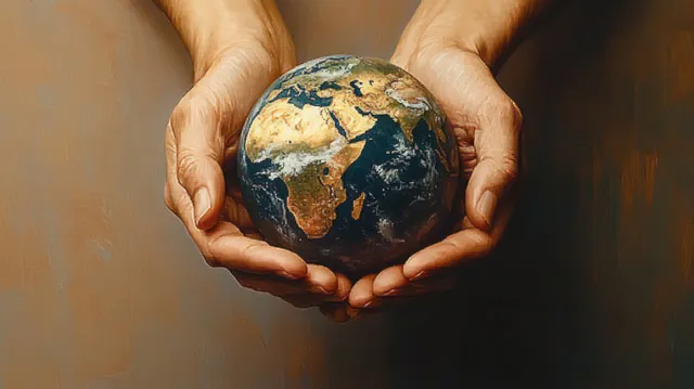 Two hands hold a small globe showing continents with warm lighting and a textured background.