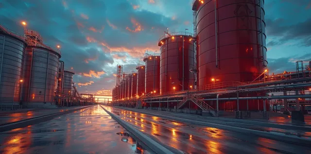 Sunset view of grain silos and steel pipes in an industrial farm yard with wet pavement reflections.