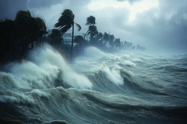 Dramatic storm at the coast with crashing waves, dark clouds, and palm trees bending in strong winds along a turbulent shoreline.