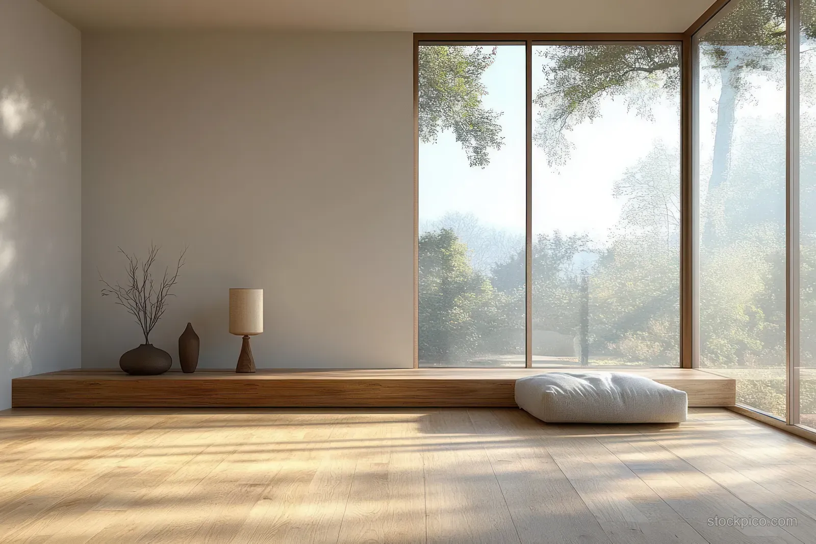 Minimalist room with large windows, warm wooden floor, a low shelf with a vase, and sunlight filling the space.