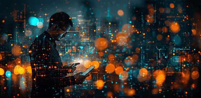 Businessman holding a smartphone and laptop with glowing network data over a city skyline background.